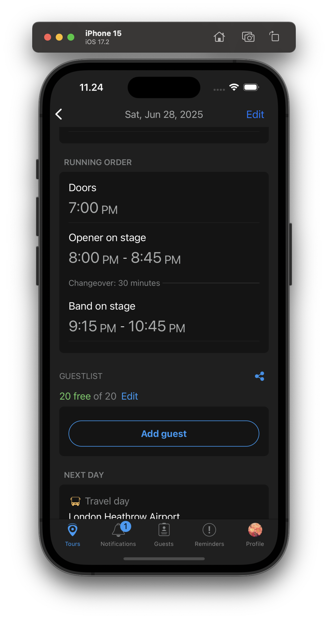 Automatic changeover times in the mobile app